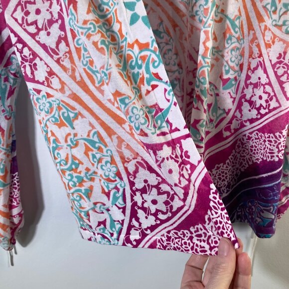 Womens Chicos Lightweight Open Cardigan Ruched Sleeves Medallion Floral M - Picture 6 of 10